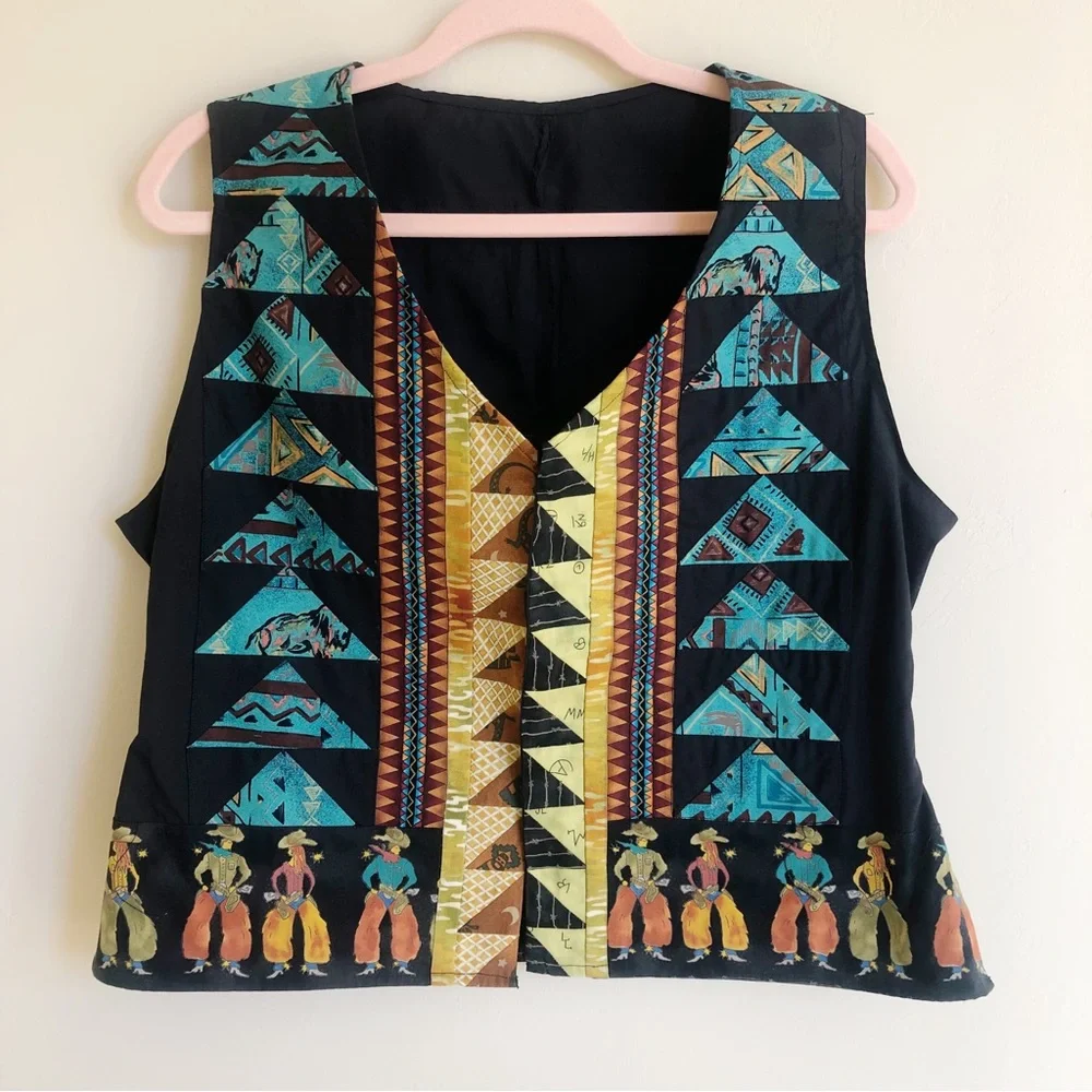 Handcrafted Quilted Folk Art Vest Patchwork Art to Wear Cowboy Western - Picture 1 of 7